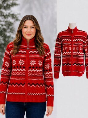 VTG Breckenridge Fair Isle Nordic Zip Front Red Cardigan Sweater Sz XL NEW